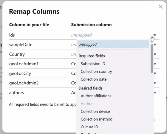 GIF showing how to map columns when uploading metadata