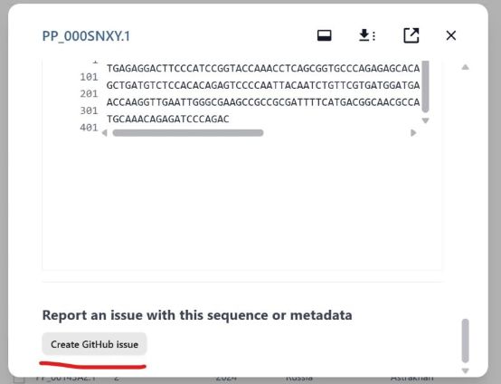 screenshot showing the 'Create Github Issue' button at the bottom of a sequence information page