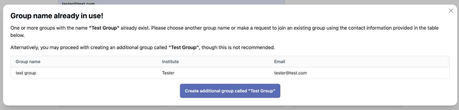 An image showing the new alert in Pathoplexus when a user attempts to create a group with a name that is already in use